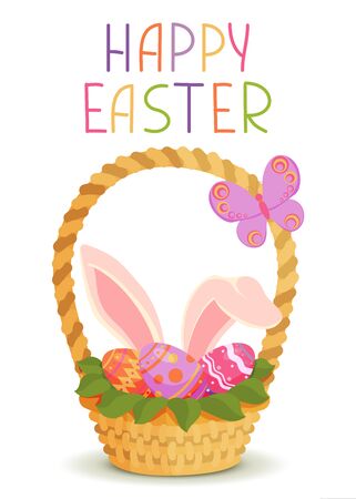 Happy Easter greeting card. Basket with Easter eggs, rabbit ears and butterfly. Vector illustration in simple flat style. Colorful stock illustration. Perfect for decoration and design.のイラスト素材