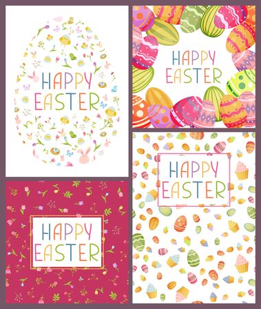 Happy Easter greeting card with easter ornaments and decorative elements.のイラスト素材