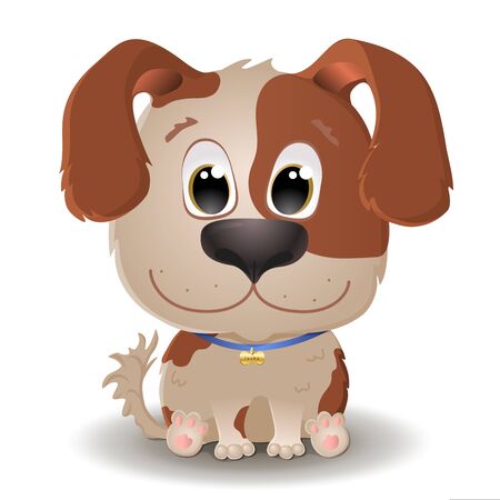 Vector cute beige with spotted dog with big eyes in cartoon style. Little jack russel Puppy sits and smiles. Flat character illustration isolated on white backgroundのイラスト素材
