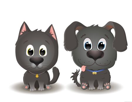 Vector cute black dog and cat with big eyes in cartoon style. Little kitten and Puppy sits and smiles. Flat character illustration isolated on white backgroundのイラスト素材