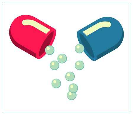 Vector flat illustration with open capsule pills and medicine inside. Stylized drawing for logo design, decorating clothes, 2D games or postcards. Isolated stock illustration on white background.のイラスト素材