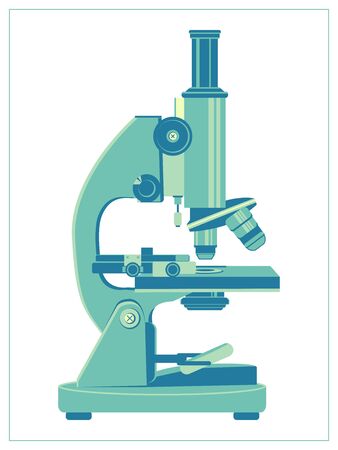Vector flat illustration with school microscope study science laboratory. Stylized drawing for logo design, decor. Isolated stock illustration on white background.のイラスト素材