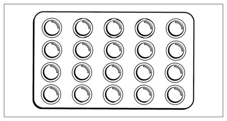 Vector illustration with outlines of packing blister with capsules and tablets. Stylized drawing for your web site design, logo, app, UI. Isolated stock illustration on white background.のイラスト素材