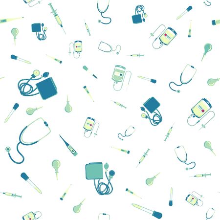 Vector seamless pattern with tonometer, thermometer, stethoscope and other medical accessories.   Isolated stock illustrationのイラスト素材