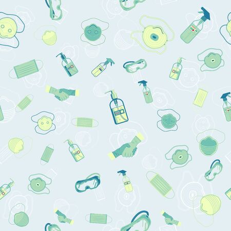 Vector seamless pattern with Protective of viruses and bacteria. Medical professional mask, safety glasses, sanitizer and gloves.のイラスト素材