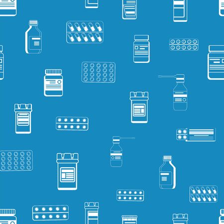Vector seamless pattern with outlines of plastic jar for tablets and packing blister with capsules.   Isolated stock illustrationのイラスト素材
