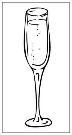 Vector illustration with outlines of glass of sparkling wine, champagne. Stylized drawing for your web site design, logo, icon, app, UI. Isolated stock illustration on white background. Cartoon styleのイラスト素材