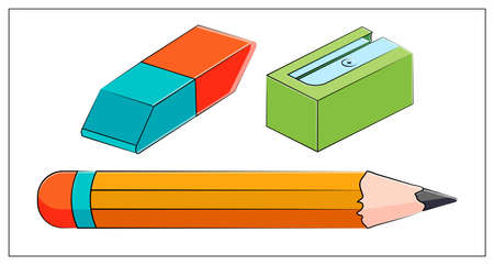 Vector set flat icon. Vector Flat illustration of pencil,rubber and pencil sharpener for web design, icon, app, UI. Isolated stock illustration on white.のイラスト素材