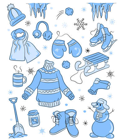 Sticker set with cute snowmen, hat, scarf and other winter objects. Happy winter holiday illustration. Christmas and New Year design element. Flat cartoon illustration for web, logo, icon, app, UI.のイラスト素材