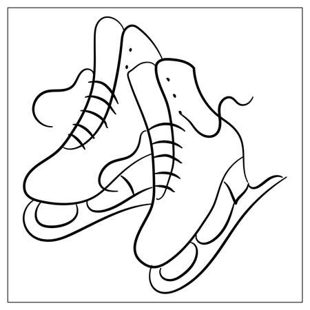 Vector winter figure skates icon. Flat cartoon icon isolated on white background. Outline Hand drawn Winter active outdoor leisure ice skates, retro christmas and new year holiday decoration symbol.のイラスト素材