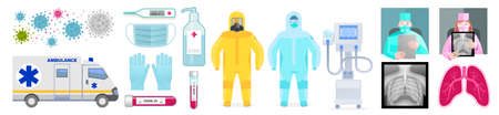 Medecine against the virus_COVID-19 fight tools icon image set. Set of illustrations for the magazine, infographics of feature articles, web publications.のイラスト素材