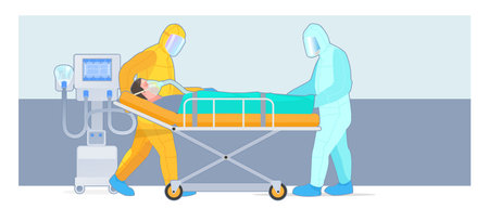 Vector illustration Virologists transport the patient to the clinic of the stretcher appart artificial lung ventilation. Design information bulletin and medical articles.のイラスト素材