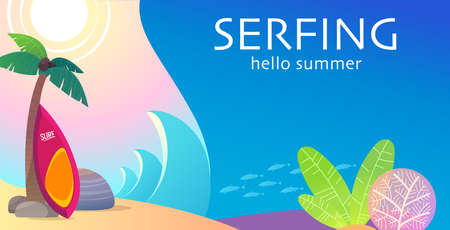 Holidays on the ocean coast with palm trees, rocks, the sun, the underwater world and surfing on the waves. Colorful web banner, advertising booklet copy space text. Vector stock illustration.のイラスト素材