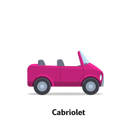 Cabriolet side view. Vector stock flat illustration. Raspberry cartoon, toy car. Simplified style for design and animation.のイラスト素材