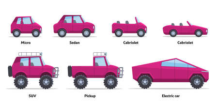 Car side view set. Vector stock flat illustration. Raspberry cartoon, toy car. Simplified style for design and animation.のイラスト素材