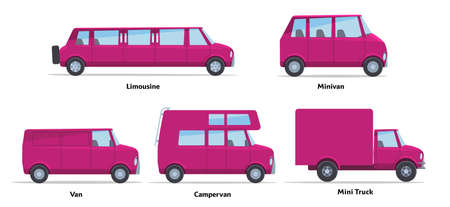 Set of passenger cars side view. Vector stock flat illustration. Raspberry cartoon, toy car. Simplified style for design and animation.のイラスト素材