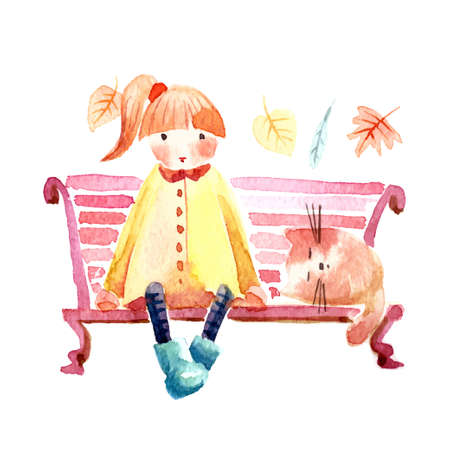 Hand drawn watercolor painting of autumn Girl with cat sitting on a bench, Falling leavesのイラスト素材