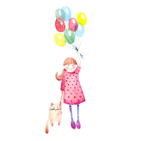 Hand drawn watercolor painting of Girl with baloons and cat.のイラスト素材