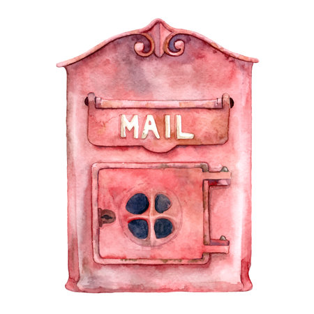 Vector watercolor hand painted red mail box. Vintage metal rusty post box