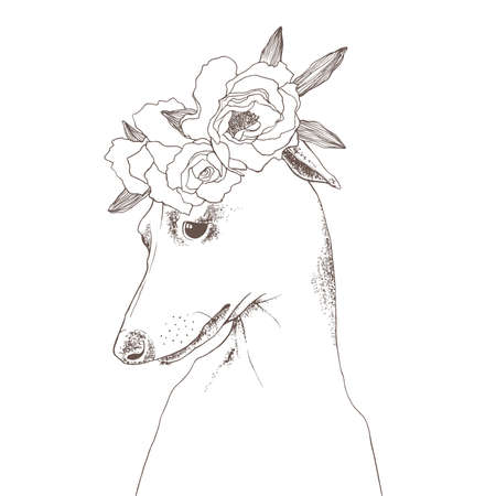 Hand drawn outline illustration of grayhound dog portrait with flower wreathesのイラスト素材