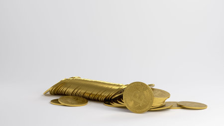 Gold coins lie on a white table. 3D render.の写真素材