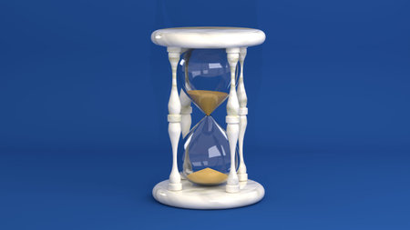 An hourglass on a blue background. Falling yellow sand. 3D-rendering.