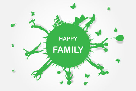 Green background happy family having fun playing in the field, circle, Environment, earth, worldのイラスト素材