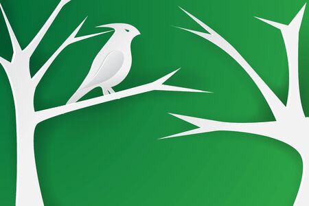 Paper art of Birds on the branches,white,green,shadow,vectorのイラスト素材