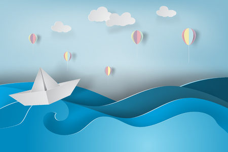 paper art of boat and balloon with origami made colorful sailing boat on the sea.vectorのイラスト素材