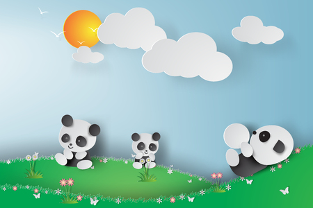 Paper art of pandas Playing in the garden,flower,lanscape,vectorのイラスト素材