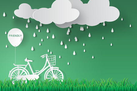 paper art of bicycle in green garden with rainy season,friendly,vectorのイラスト素材