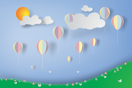 colorful Balloons in flowers garden , paper art styleのイラスト素材