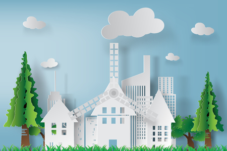 paper art of white cityscape with blue sky beautiful background,vectorのイラスト素材