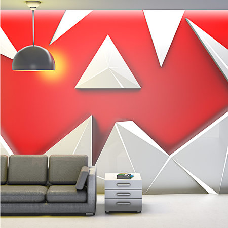 Interior of the modern room, red wall and black sofa 3d-rendering