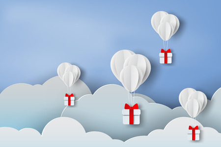 Paper art of balloon white floating and Gift Box on in the air blue sky background.のイラスト素材