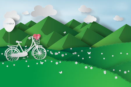 Paper art of green landscape mountain view with bicycle in the field. Vector illustration.のイラスト素材