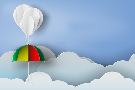 Paper art of white balloon and colorful umbrella rainy season on blue sky background. Vector illustration.のイラスト素材