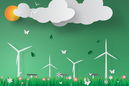 Paper art of Green Wind Turbine Solar Energy Panel World Environment Day vector illustrationのイラスト素材