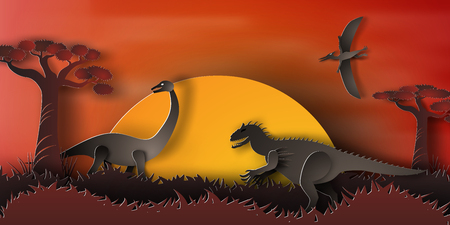Paper art of Dinosaur in forest with sunset,orange,night illustrationのイラスト素材