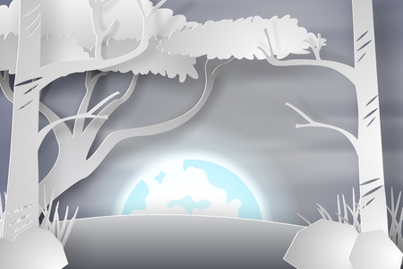 Paper art of landscape snow with full moon, vector illustration.のイラスト素材