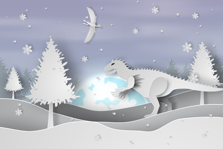 Paper art of landscape snow with dinosaur, vector illustration.のイラスト素材