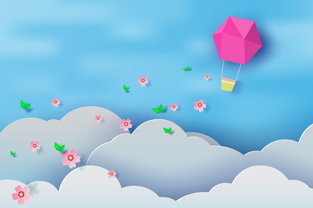 Paper art of balloon on blue sky background, vector illustration.のイラスト素材