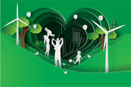 Paper art of Happy family having fun playing in the garden field with vacation day lifestyle to picnic,heart,vector,design.のイラスト素材