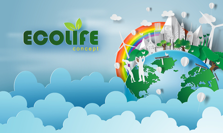 Paper art of eco life friendly concept and earth with environment day.vector illustrationのイラスト素材