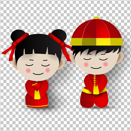 Paper art of boy-girl costume traditional for Happy Chinese New Year and golden coins isolated on white transparent background.vector illustrationのイラスト素材