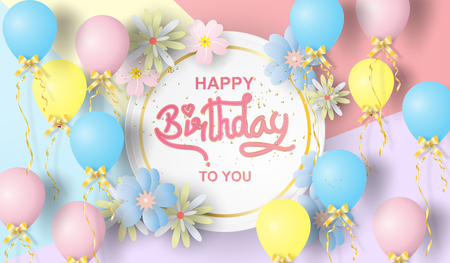 Paper art of Happy birthday elements background vector design for greetings card, flyers, invitation, posters, brochure, banners, calendar,characters,love,gift.のイラスト素材
