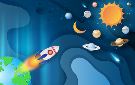 Paper art and craft of Rocket flying with Space galaxy on Abstract Curve shape blue sky background,start up concept,vector.illustrationのイラスト素材