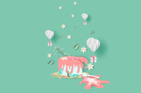 3D paper art and craft style of cake and  Bouquet flowers,leaf on disk design concept.Balloon gift white Floating on green pastel tone background.Text placed for Birthday party.vector illustration.のイラスト素材