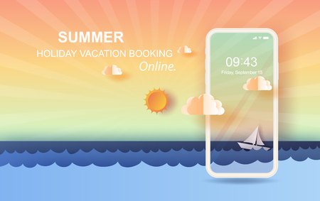 3D Paper art of seascape view with a floating sailing boat in the clear sunset beautiful sky background.summertime season landscape with sea wave surface.Mobile holiday booking online vector.のイラスト素材