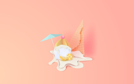 3d paper art of Cute cone white vanilla cup cake and ice cream fall to ground. Cherries and lemon melting on color pastel background.graphic design vector and illustration summer season concept.のイラスト素材